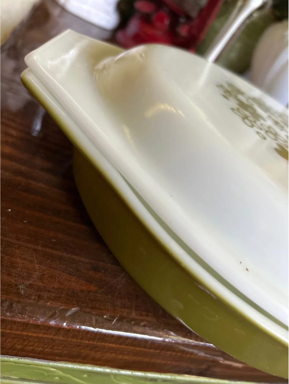 Vintage Pyrex Divided Casserole Dish with Lid, Olive Green Floral Pattern
